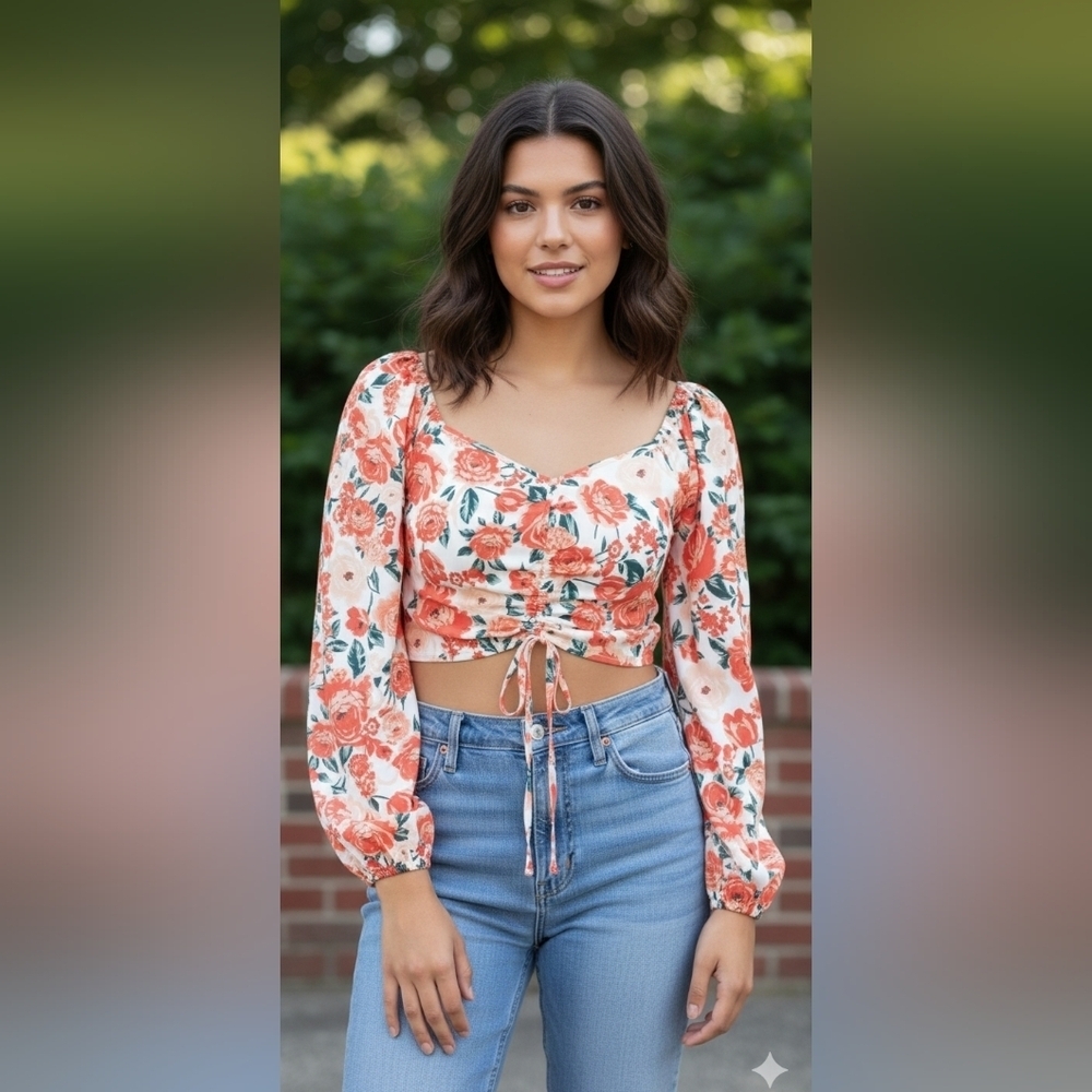 Floral blouse beautiful Orange and peach floral design 8-10